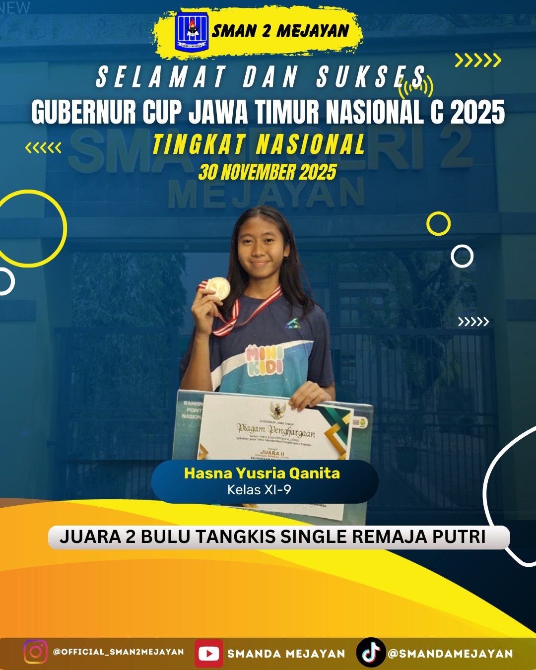 Juara 2 Bulu Tangkis Single Remaja Putri Tingkat Nasional